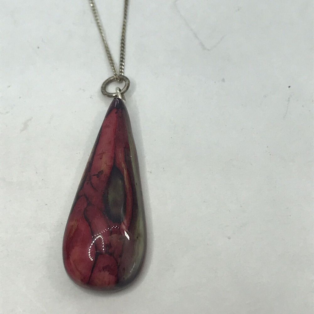 Artisan Necklace Sterling Silver 925 stained wood pendant red Teardrop Chain 16"